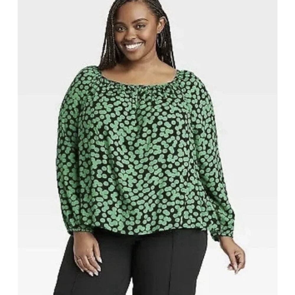 Ava & Viv 4X Top Blouse Black Green Dots Flowy Long Sleeves Open Back‎ Tie Rayon